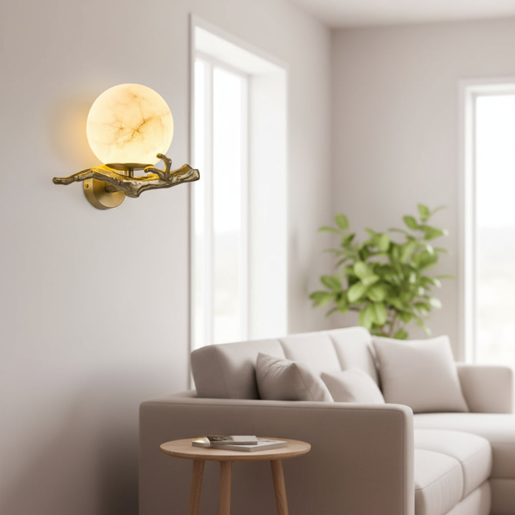 Modern wall lamp with a round light fixture in a living room setting.