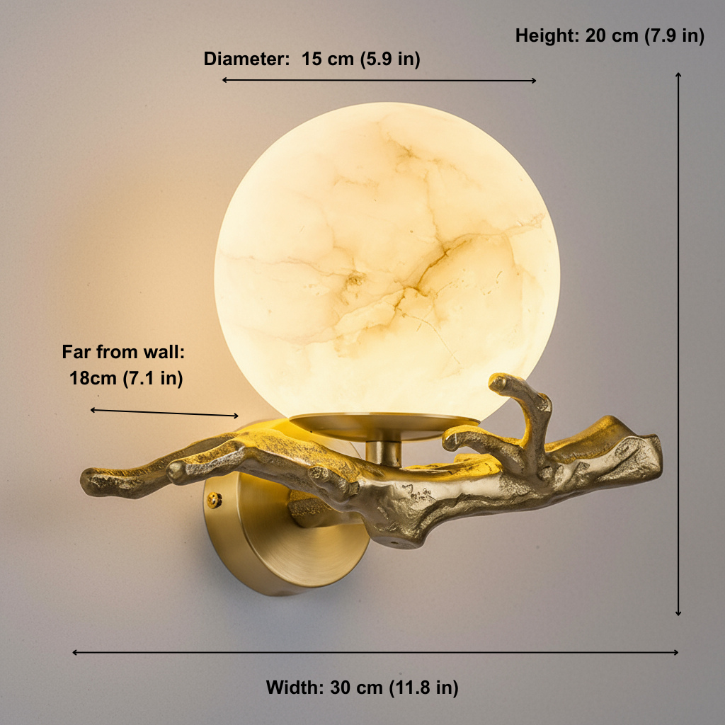 Wall sconce with measurements on a gray background