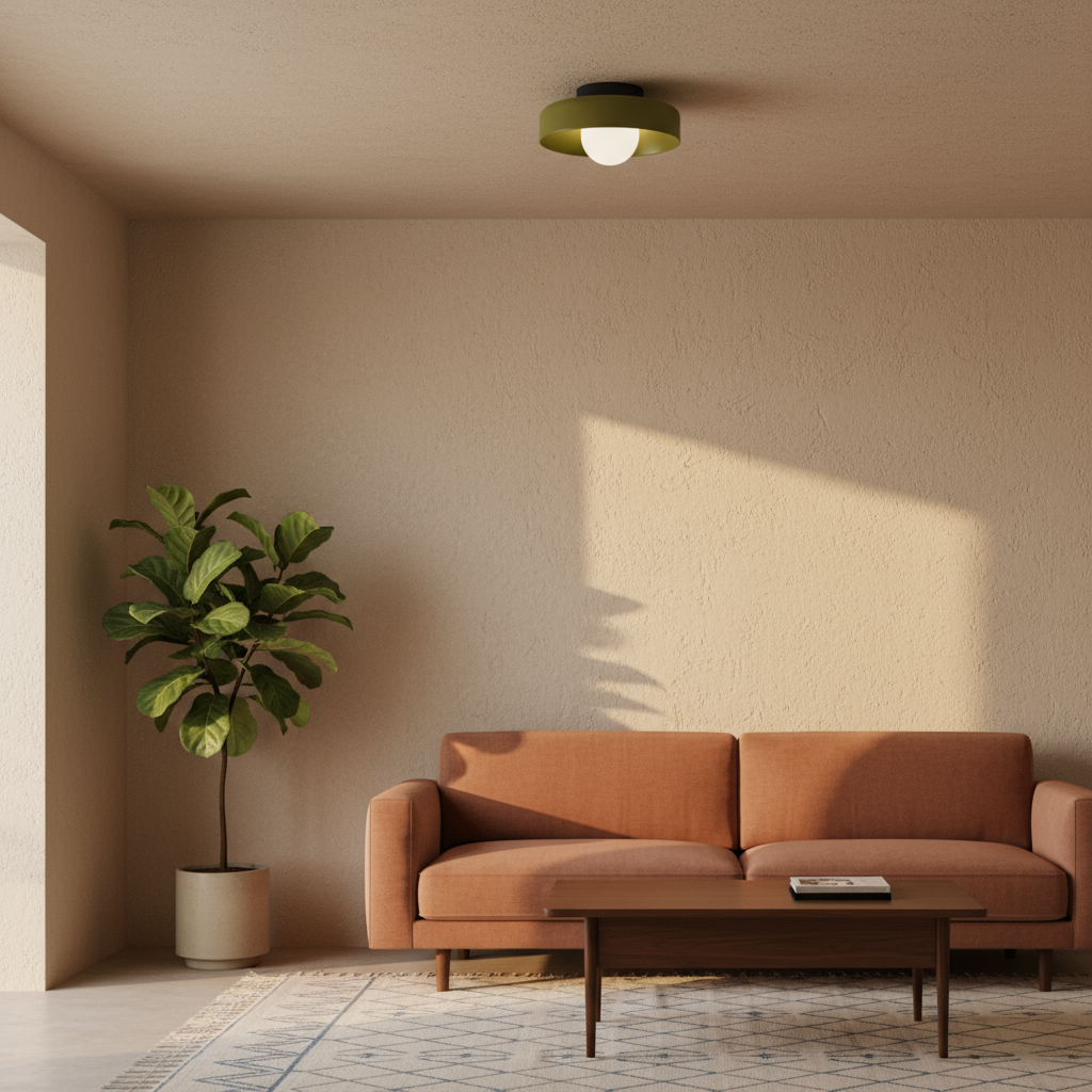 Modern living room with a brown sofa, coffee table, and potted plant against a beige wall.