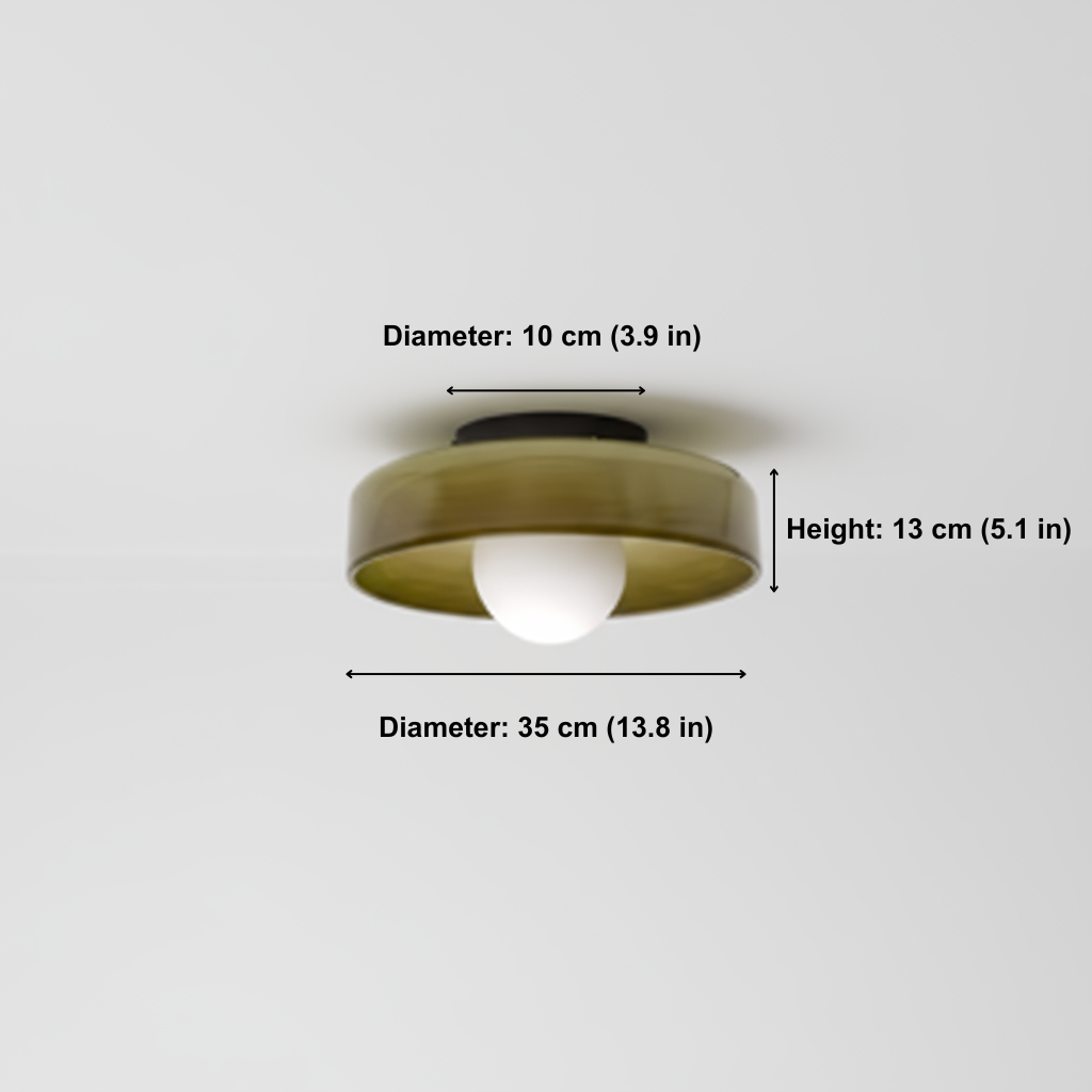 Ceiling light fixture with measurements on a white background