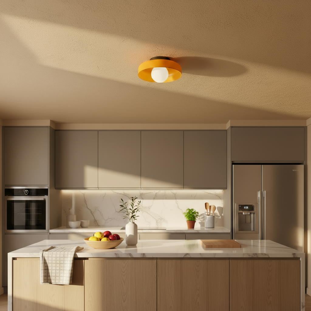 Modern kitchen with neutral tones, including a refrigerator, oven, and countertop with a bowl of fruit.