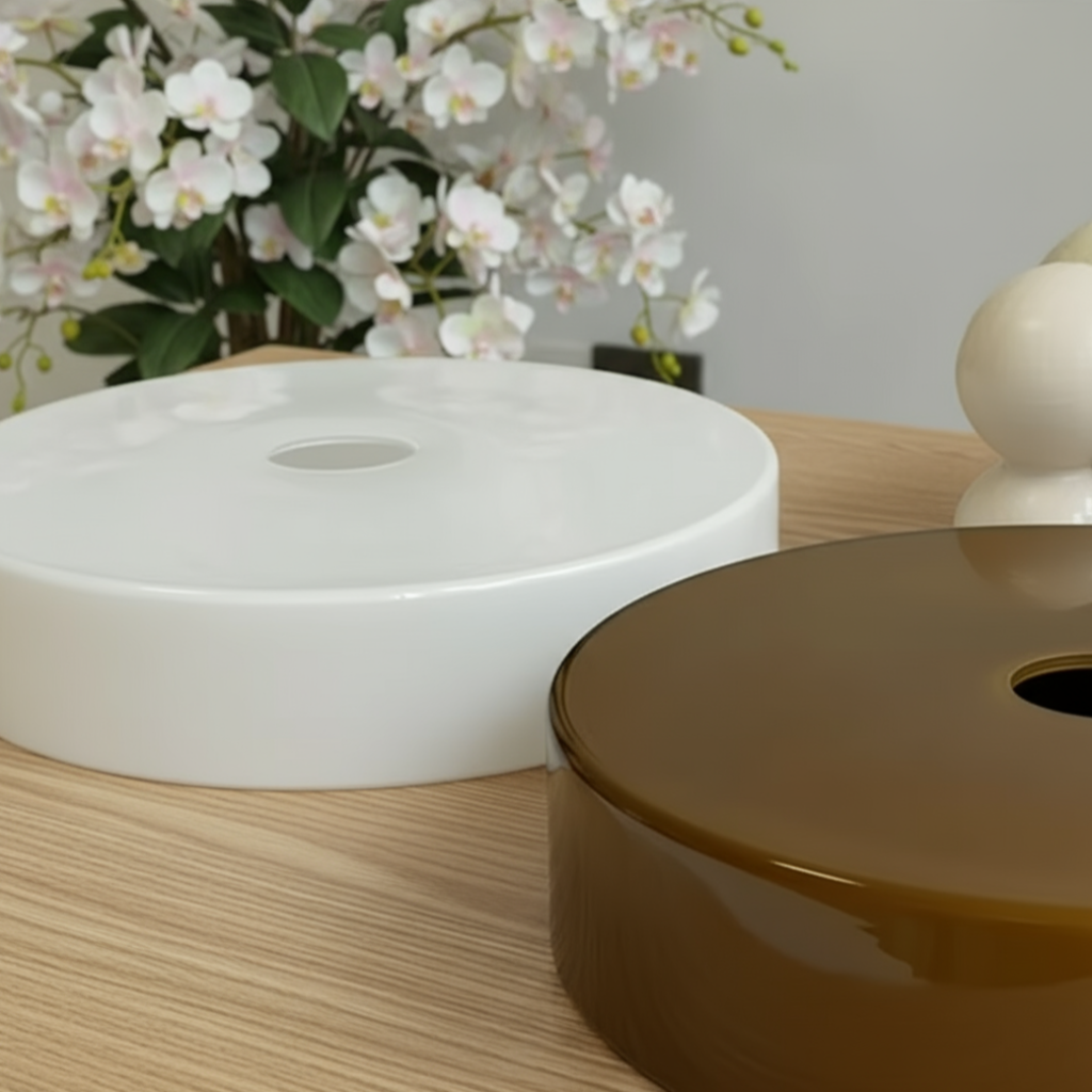 Two round containers, one white and one brown, on a wooden surface with flowers in the background.