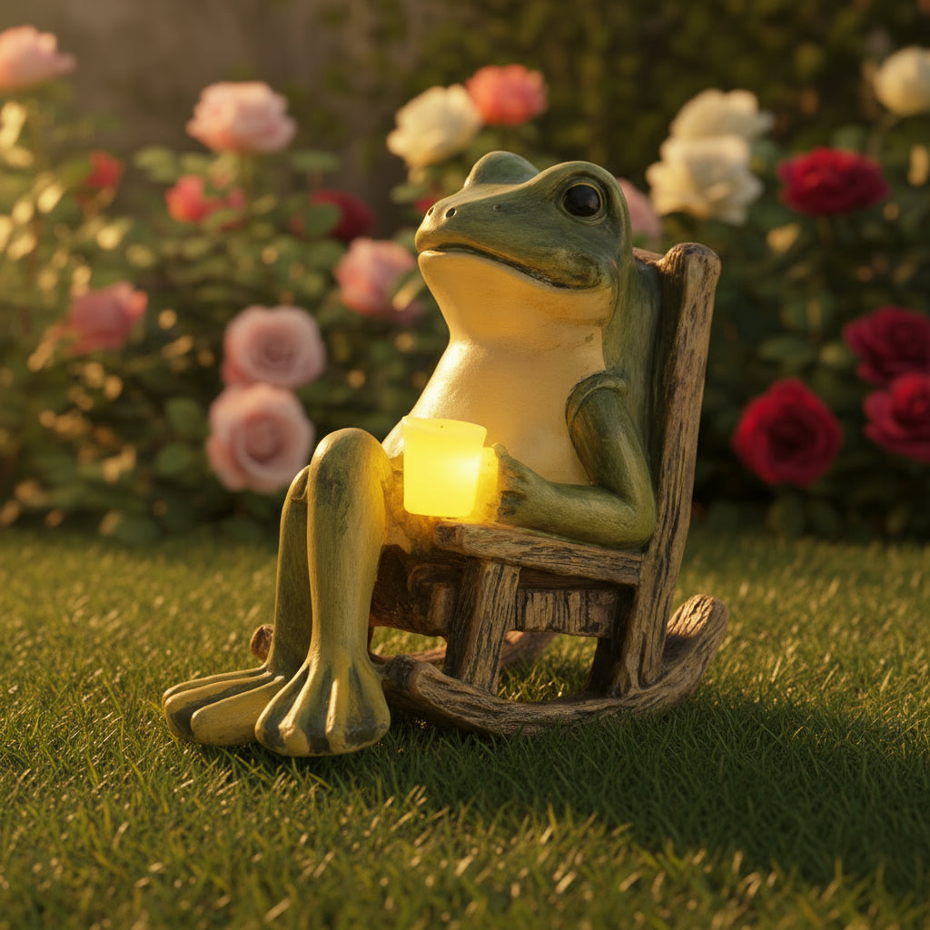 Frog figurine with a light on a chair in a garden setting with flowers in the background