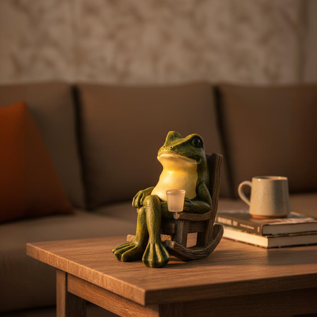 Frog-shaped lamp on a wooden table with a cozy living room background