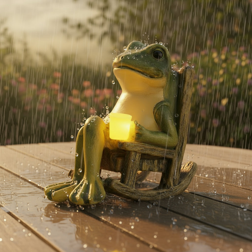 Frog statue holding a light bulb on a wooden surface with water droplets
