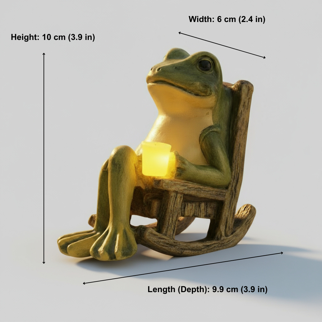 Frog figurine with a light on a white background, showing measurements.