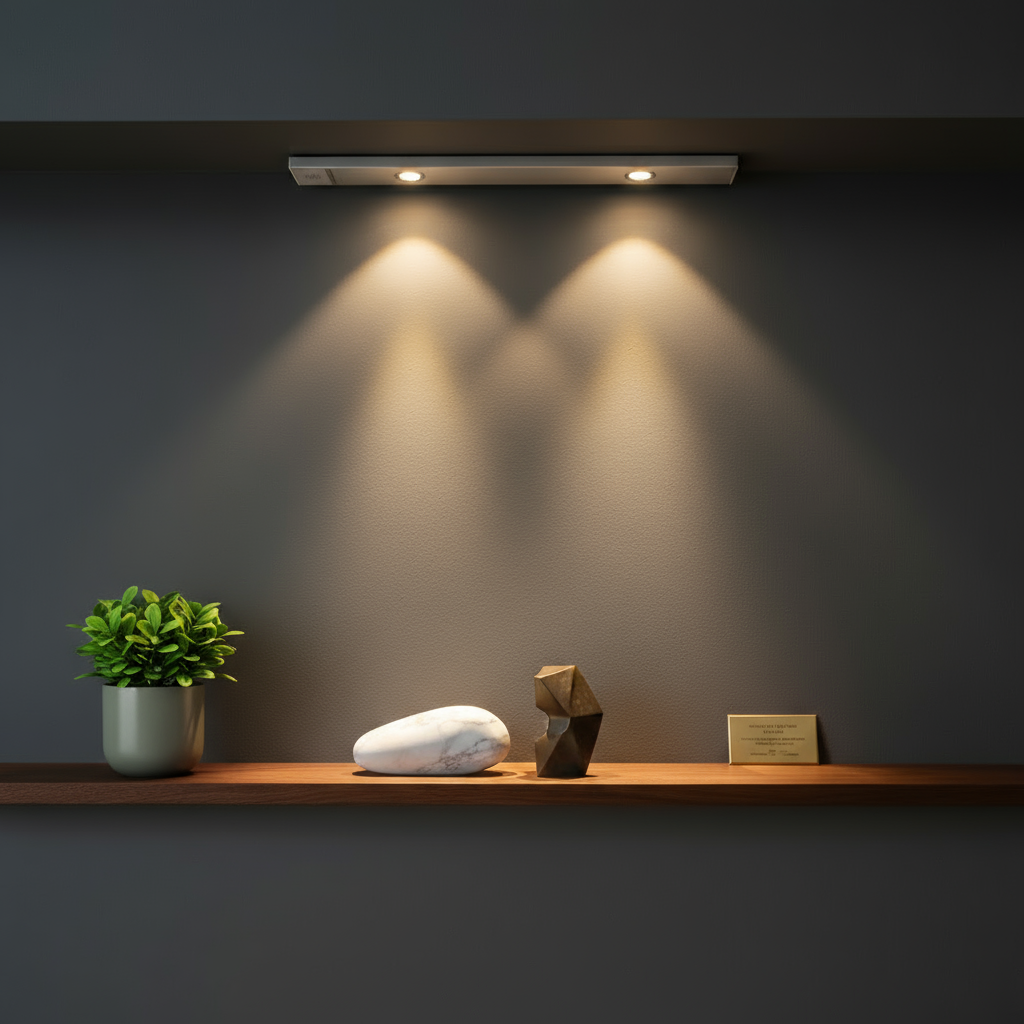 Modern interior design with a shelf featuring decorative items under spotlighting on a dark wall.