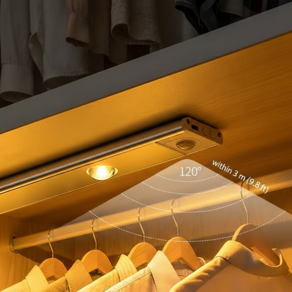 Under-cabinet light fixture in a closet with illuminated area and text indicating coverage.