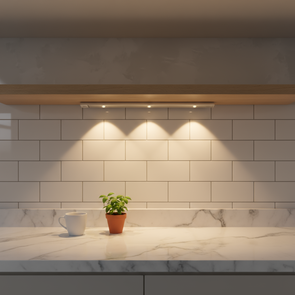 Modern kitchen with marble countertop, potted plant, and light fixture.