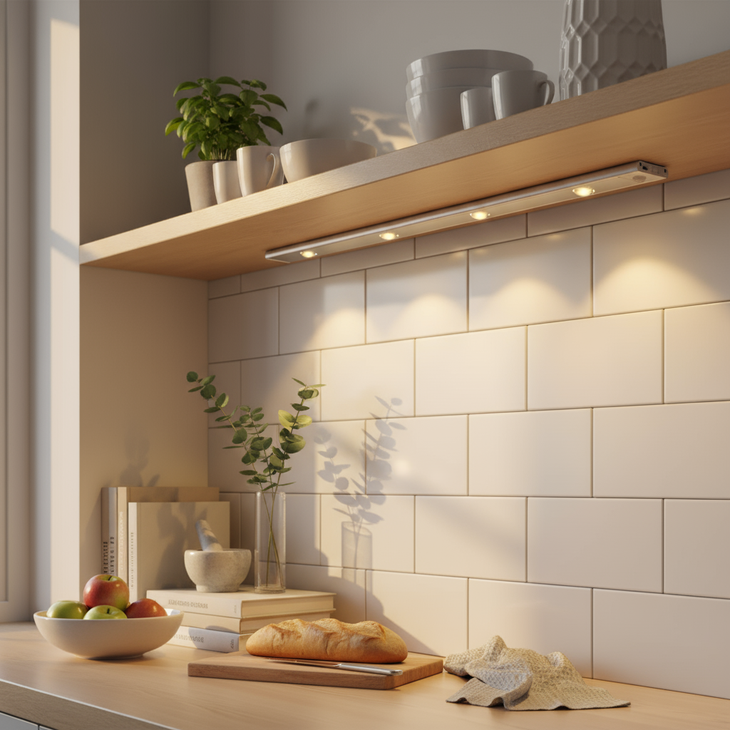 Modern kitchen with wooden shelves, white tiles, and a countertop with food items.