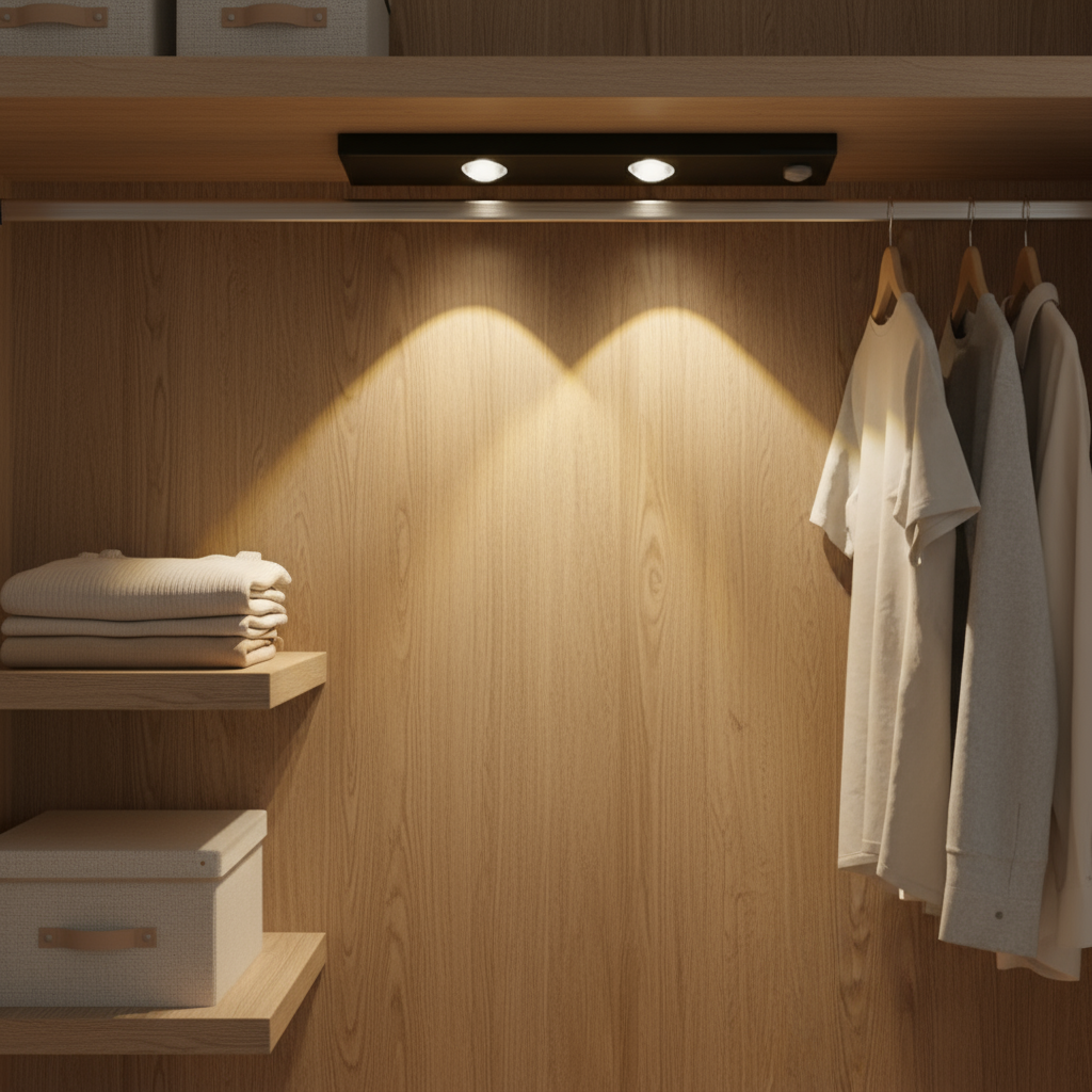 Wooden closet with clothes hanging and shelves illuminated by lights.