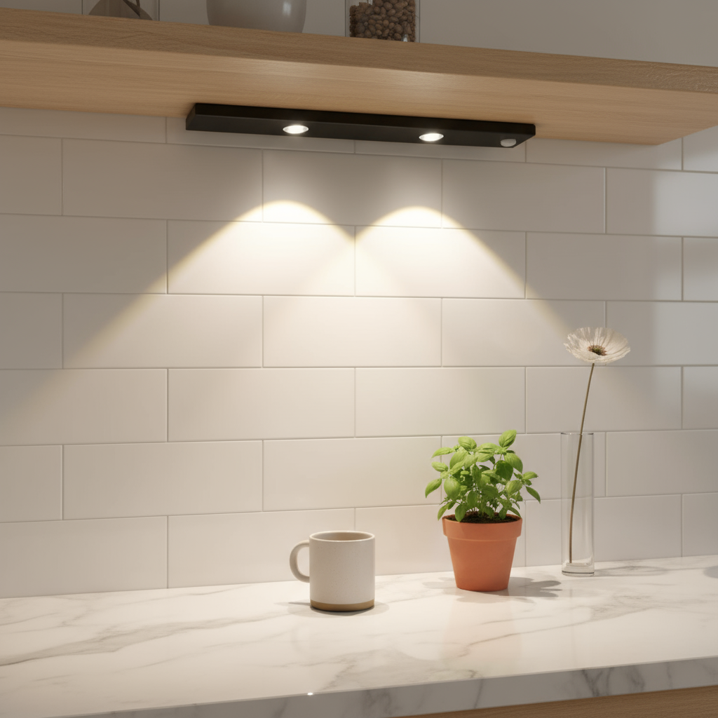 Modern kitchen setup with a light fixture, plant, and mug on a countertop.
