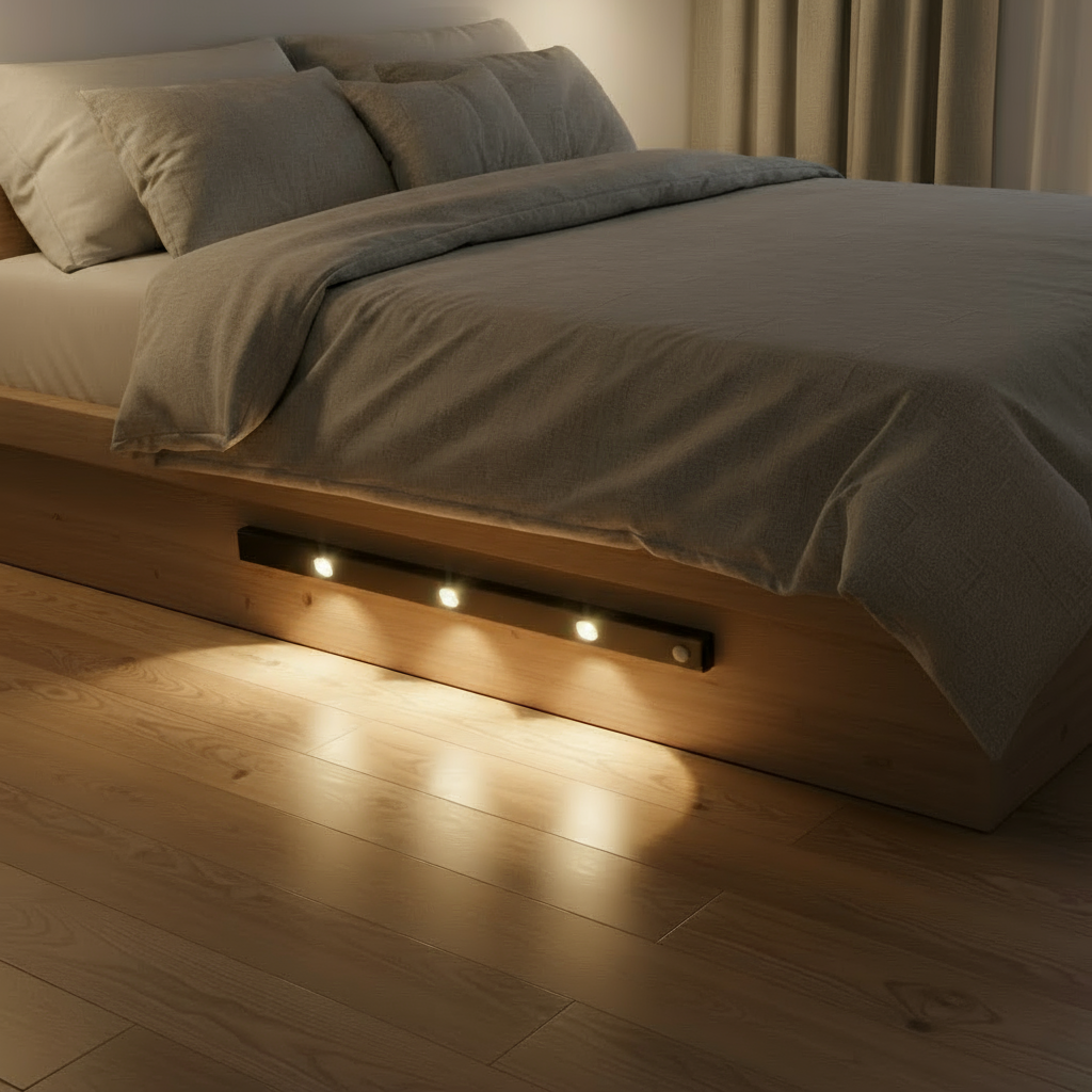 Bed with built-in lighting under the bed frame in a dimly lit room.