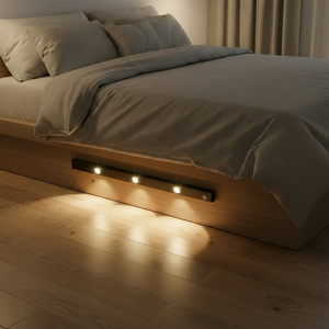 Bed with built-in lighting under the bed frame in a dimly lit room.