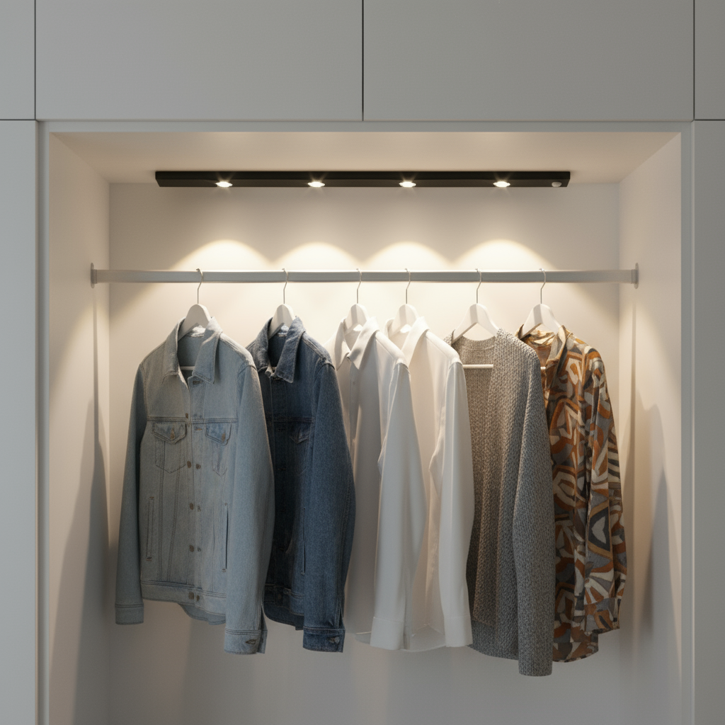 Clothing rack with various jackets and shirts in a modern closet setting.