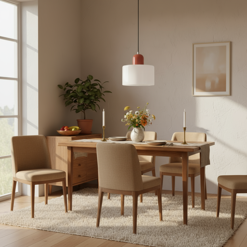 Dining room with wooden table and chairs, potted plant, and framed picture.