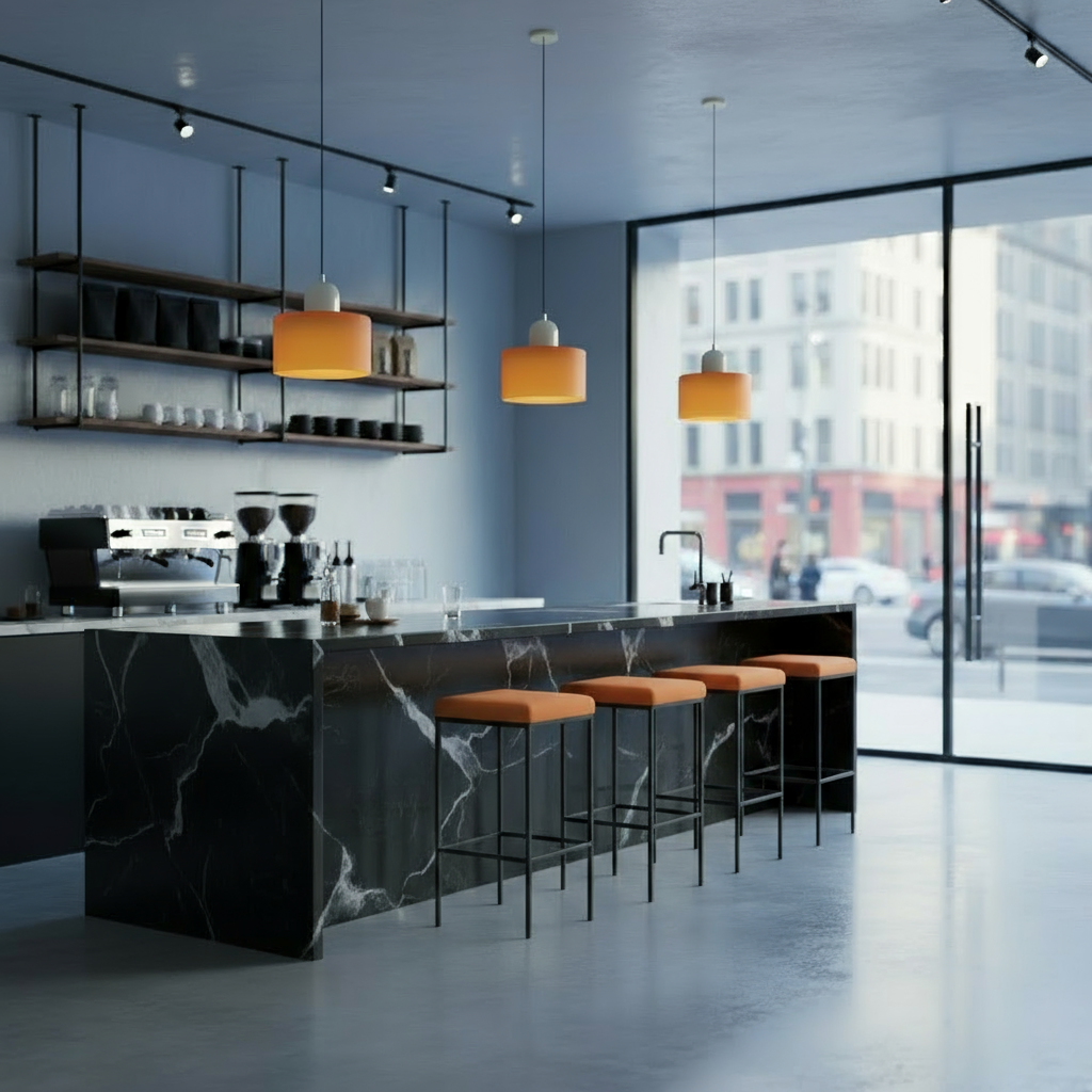 Modern kitchen with marble island, orange pendant lights, and cityscape view.