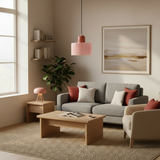 Modern living room with gray sofa, wooden coffee table, and pink pendant light.