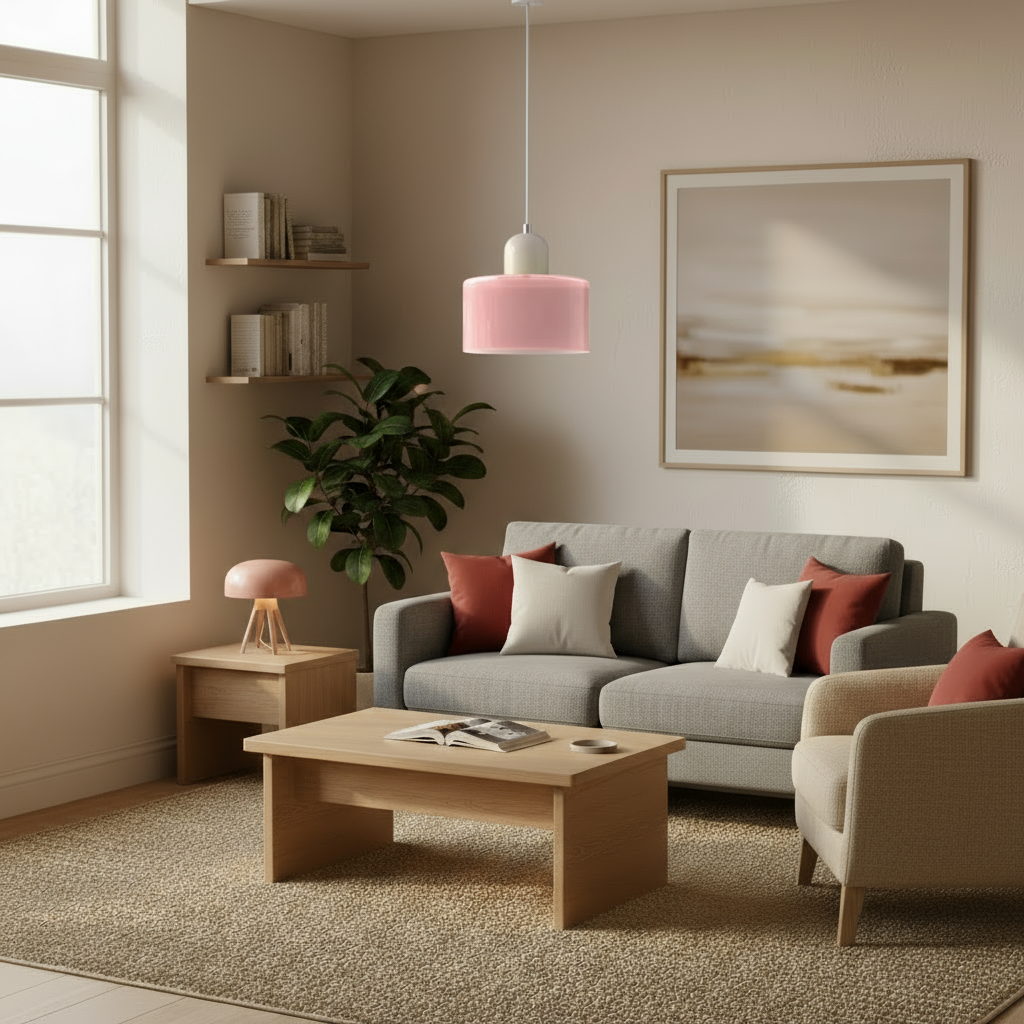 Modern living room with gray sofa, wooden coffee table, and pink pendant light.