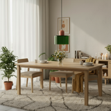 Dining room with wooden table and chairs, plants, and a lamp.