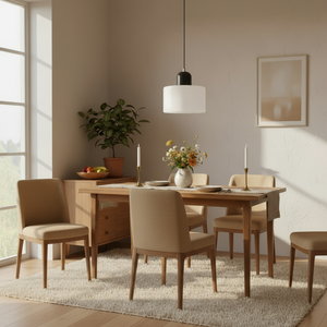 Dining room with wooden table and chairs, potted plant, and framed picture.