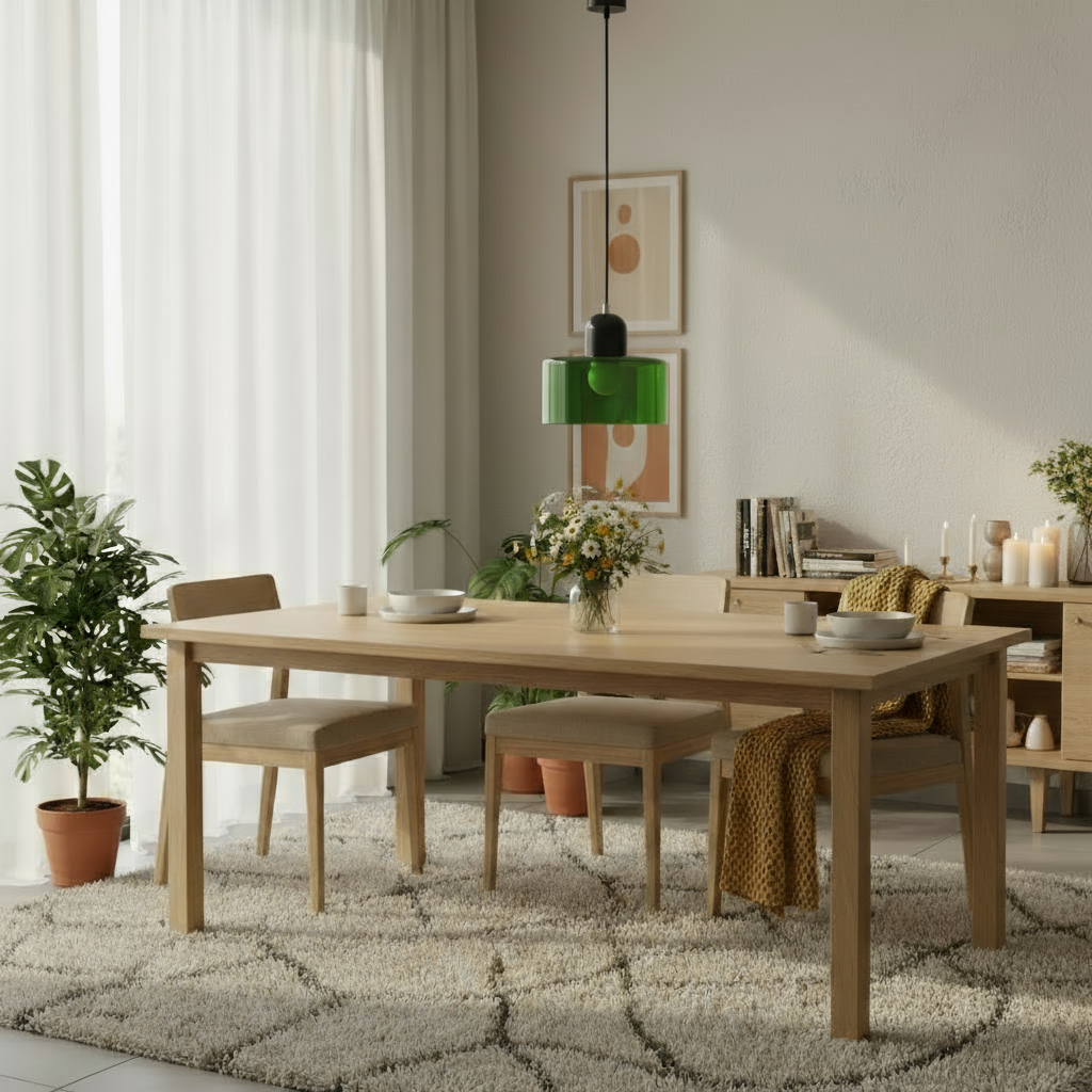 Dining room with wooden table and chairs, plants, and a rug.