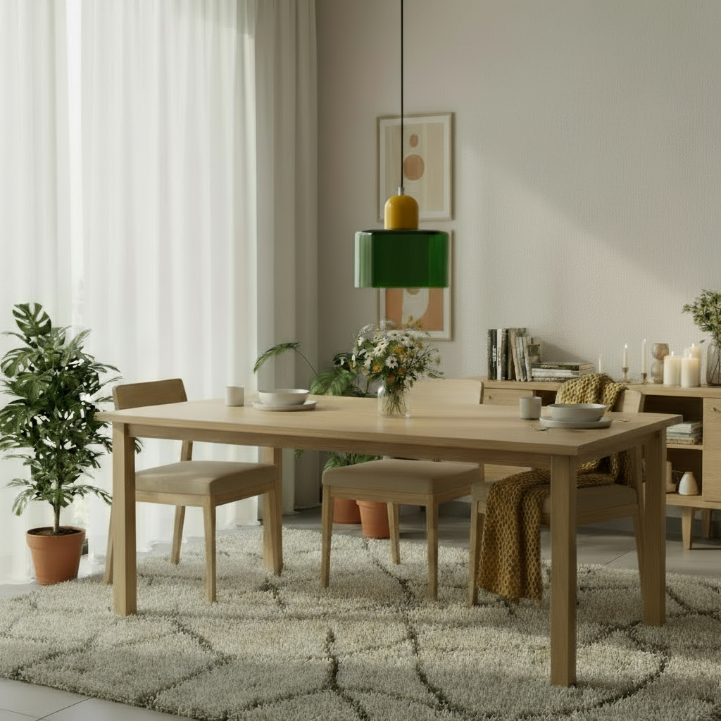 Dining room with wooden table, chairs, and decor elements.