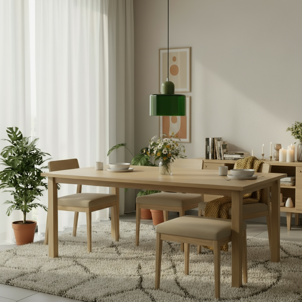 Dining room with wooden table and chairs, plants, and a rug.