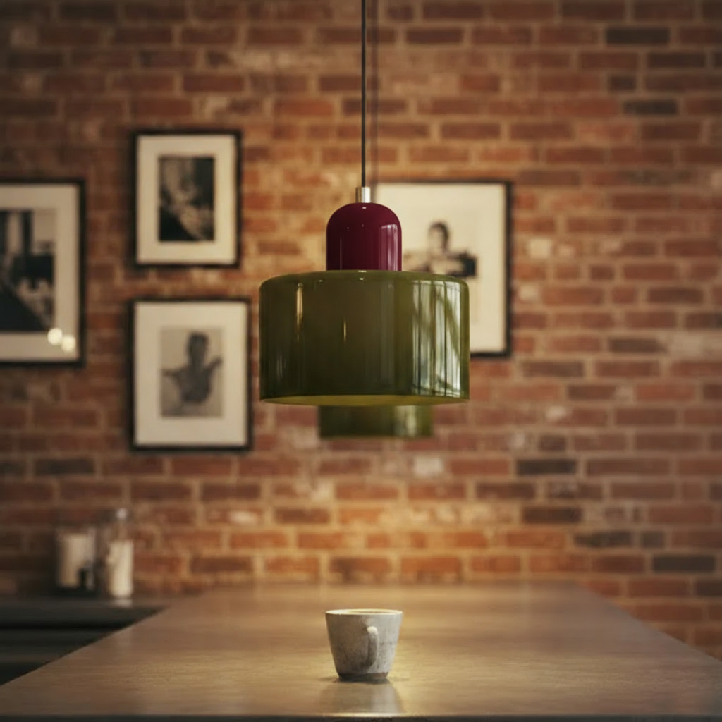Green pendant light hanging above a table with a brick wall and framed pictures in the background