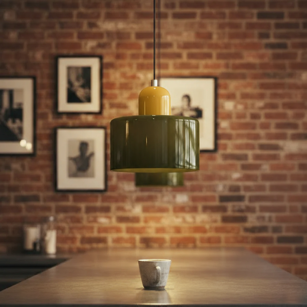 Green pendant light with yellow accent hanging above a wooden table against a brick wall with framed pictures.