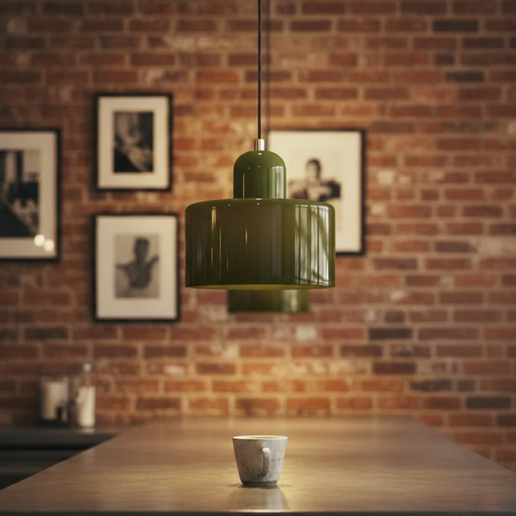 Green pendant light hanging above a wooden table with a brick wall background