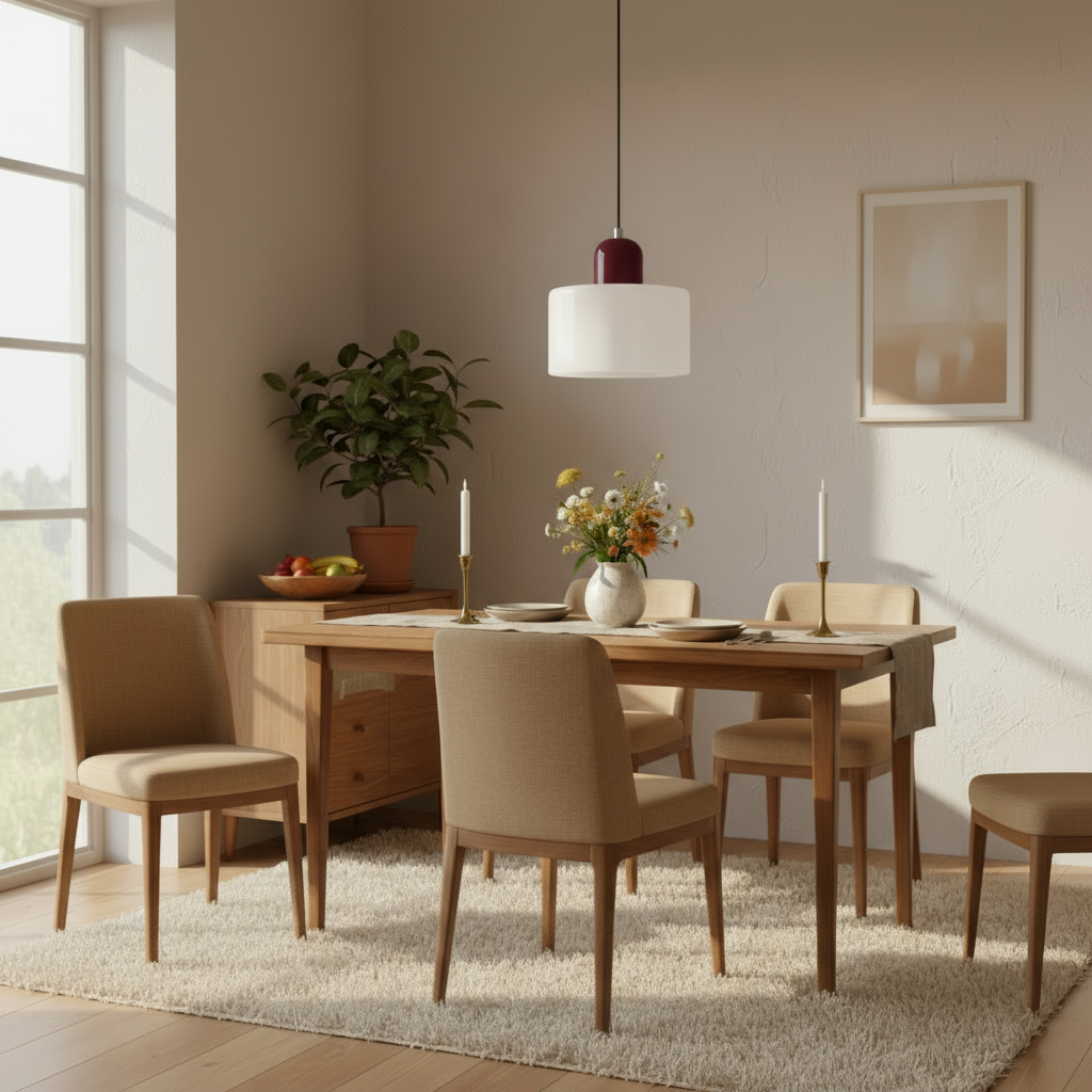 Dining room with wooden table and chairs, plants, and a vase.