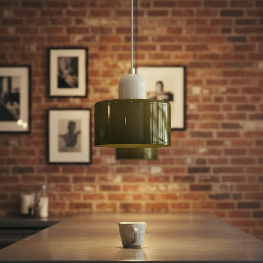 Green pendant light hanging above a wooden table with a brick wall and framed pictures in the background.