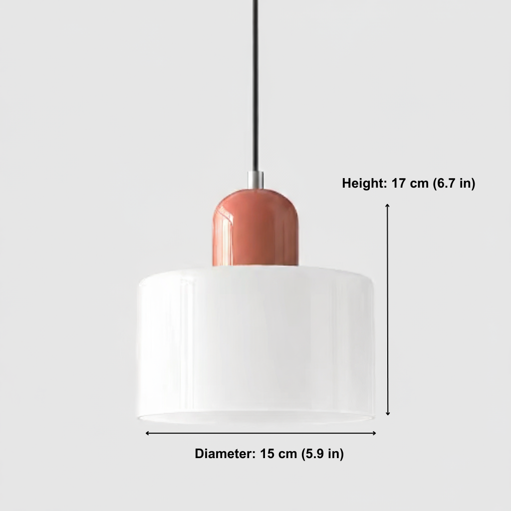 Pendant light with measurements on a white background
