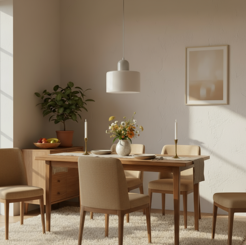 Dining room with wooden table, chairs, and decor elements.
