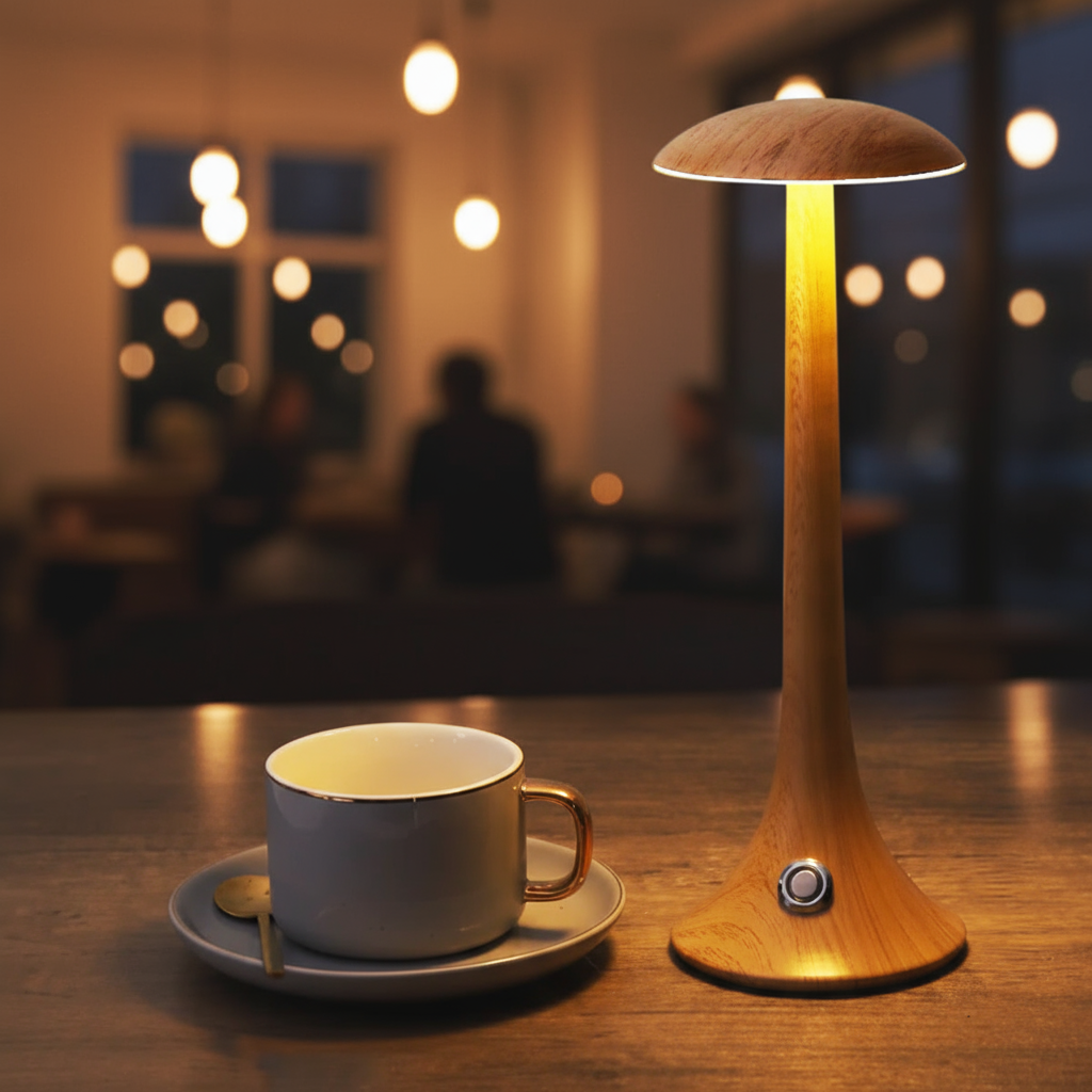 Wooden lamp and white mug on a table with blurred background