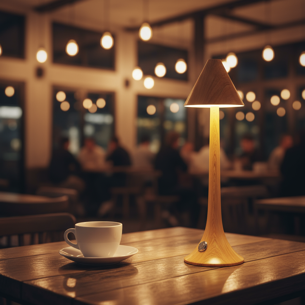 Cup of coffee on a saucer with a lamp on a wooden table in a cozy café setting.