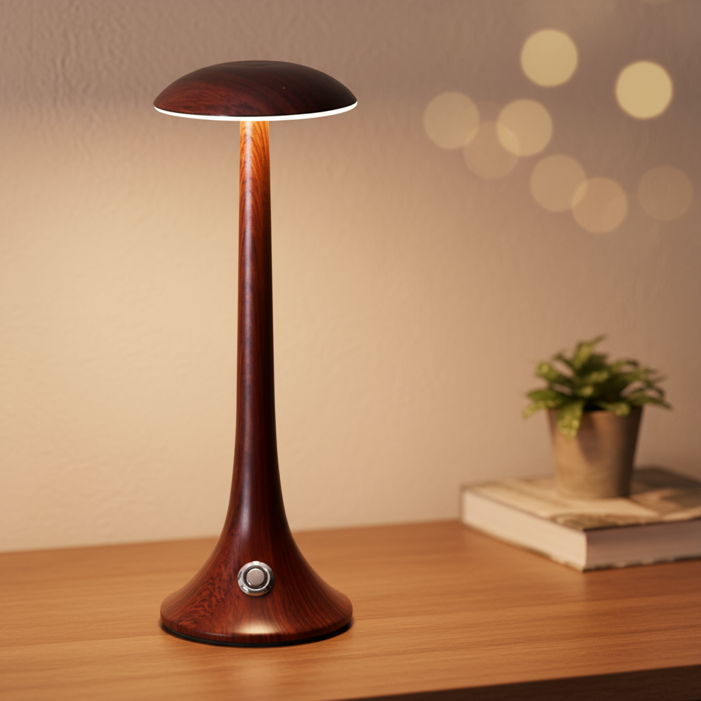 Wooden table lamp on a wooden surface with a blurred background