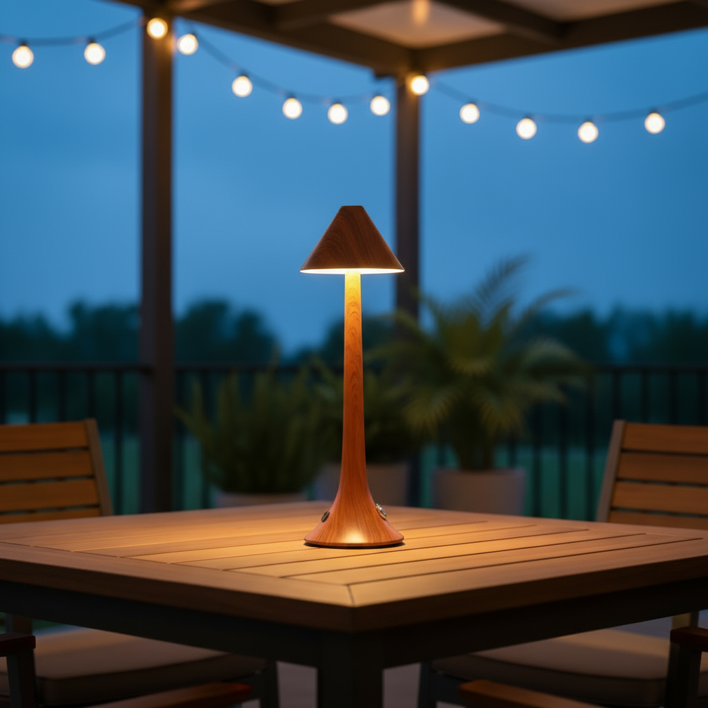 Outdoor table lamp on a wooden table with string lights in the background
