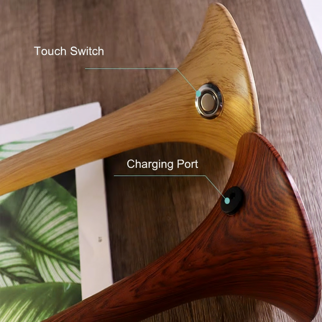Wooden hanger with labeled touch switch and charging port on a wooden surface.