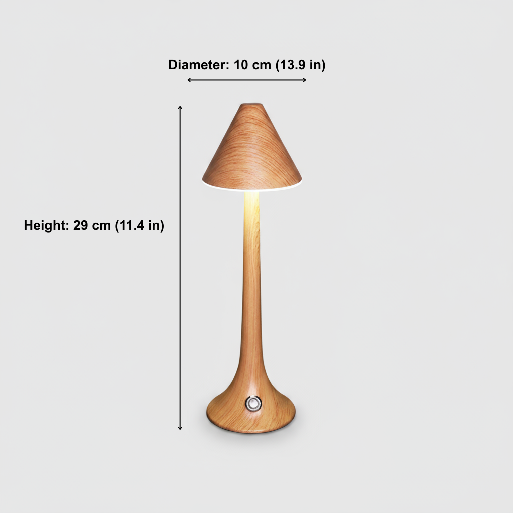 Wooden table lamp with dimensions labeled on a white background
