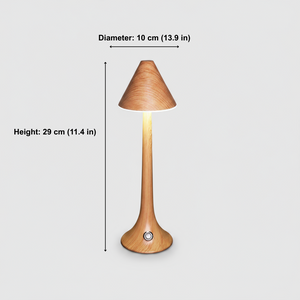 Wooden table lamp with dimensions labeled on a white background