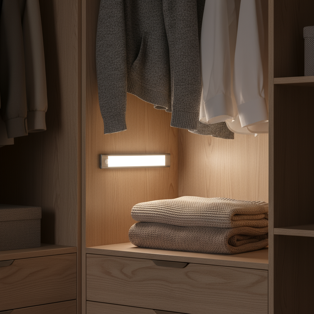 Wooden wardrobe with clothes and a light fixture