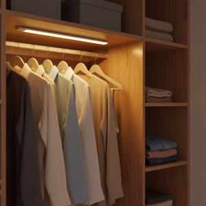 Wooden wardrobe with clothes on hangers and folded garments on shelves.