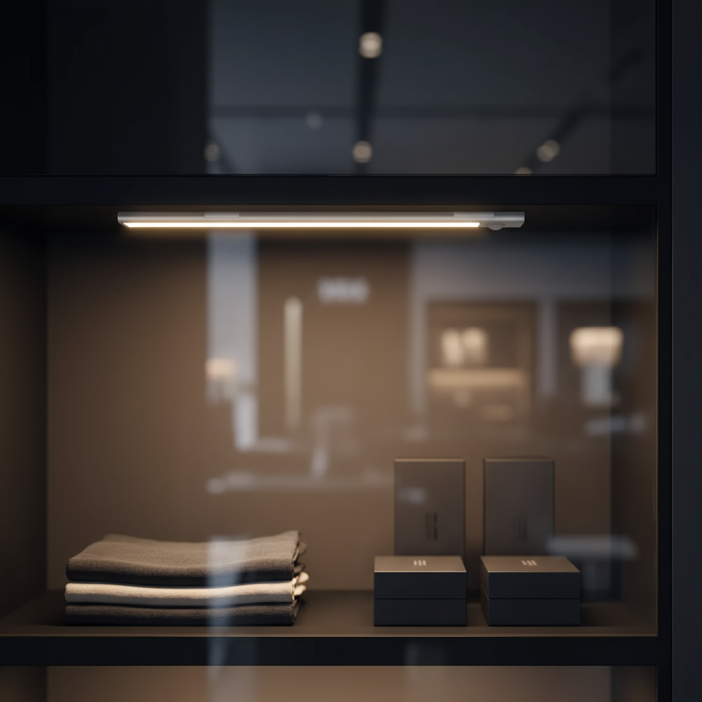 Dark-colored folded towels on a shelf with decorative boxes in a dimly lit room.