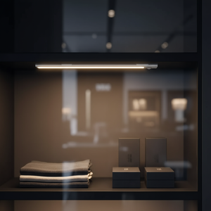 Dark-colored folded towels on a shelf with decorative boxes in a dimly lit room.