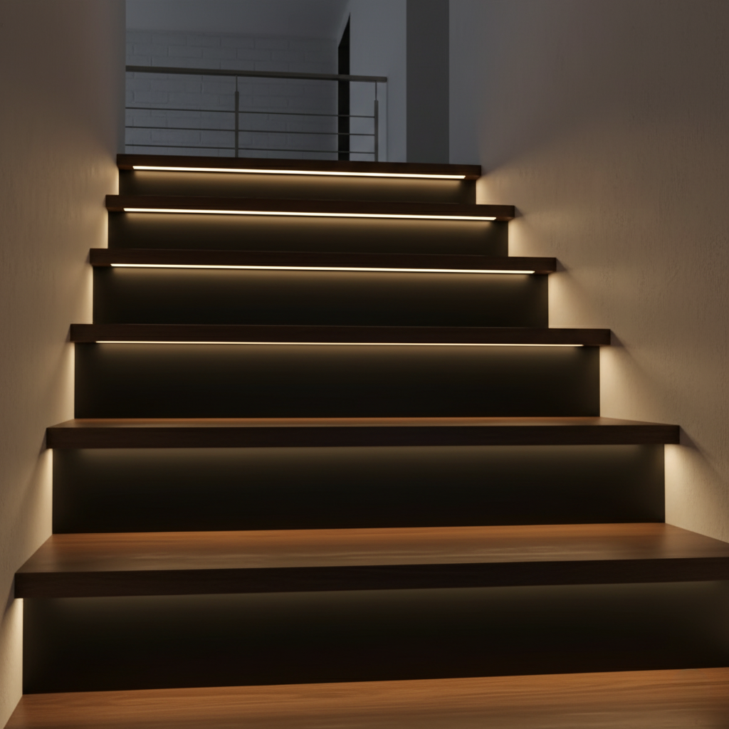 Wooden staircase with embedded lighting in a dimly lit room