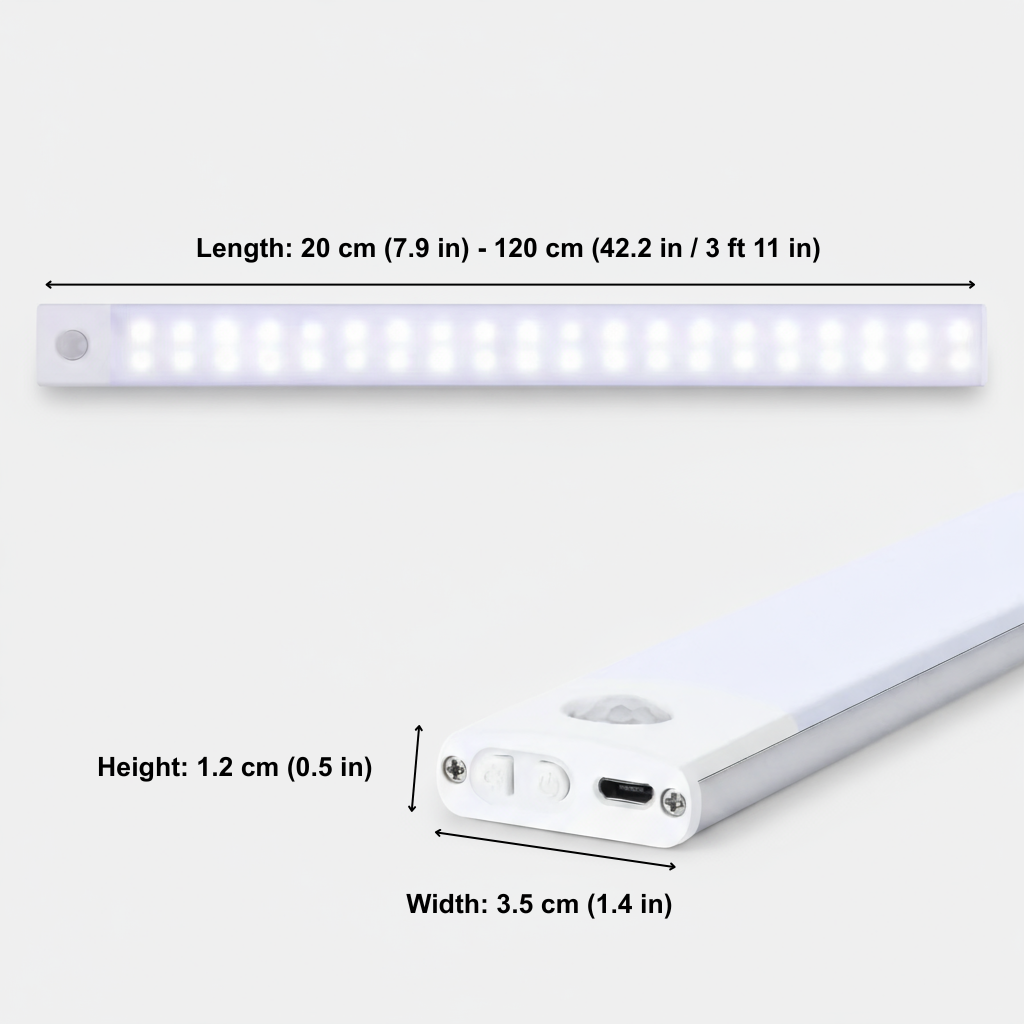 Measurement chart of a LED strip light with dimensions on a white background