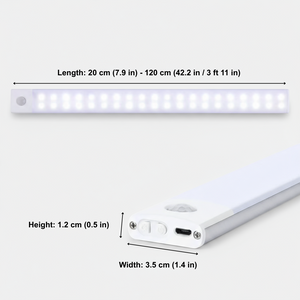 Measurement chart of a LED strip light with dimensions on a white background