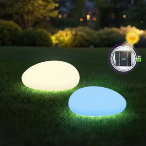 Two glowing outdoor lights on grass with a solar panel icon showing energy source.